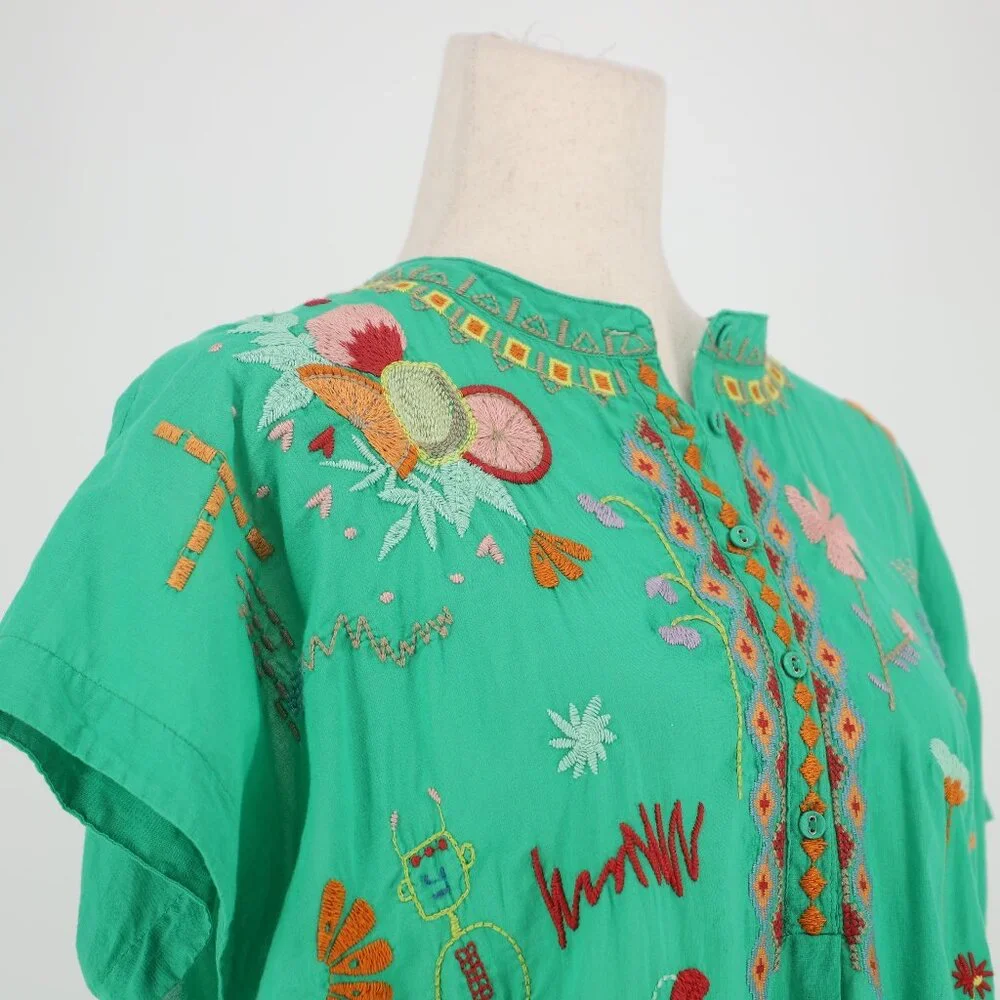 JOHNNY WAS Biya Lemona Embroidered Henley Short Sleeve Blouse Green Size M - Picture 4 of 10